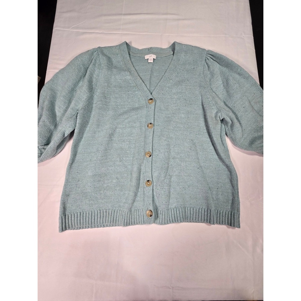 J. Jill Women Blue Puff Sleeve Cottage Button Knit Cardigan Sweater Large L